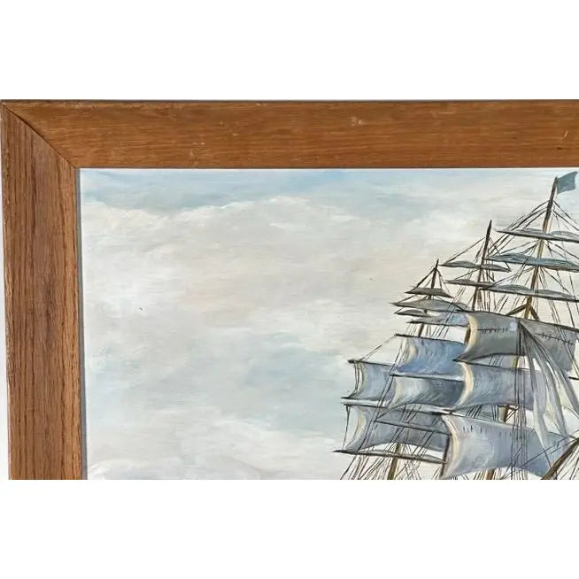 Vintage Mid Century Maritime Clipper Ship Framed Original Seascape Oil Painting