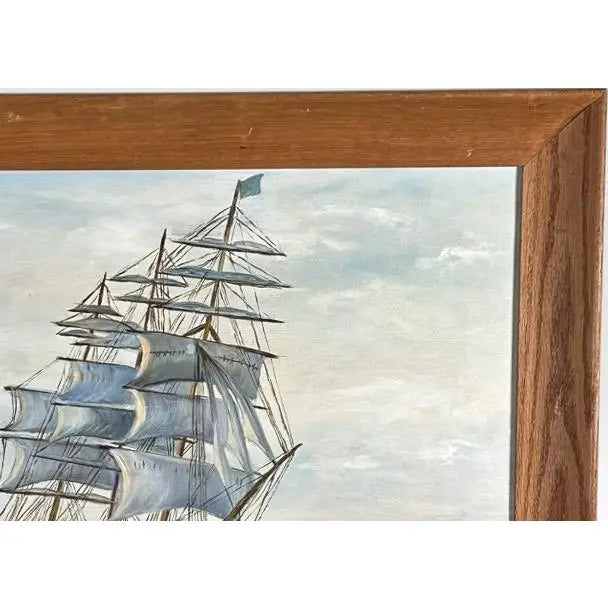 Vintage Mid Century Maritime Clipper Ship Framed Original Seascape Oil Painting