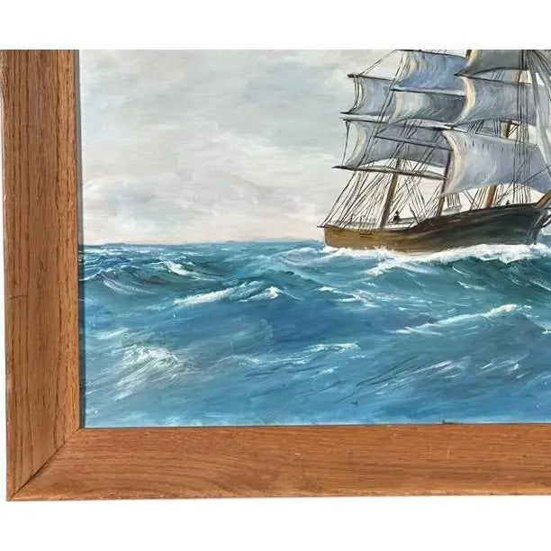 Vintage Mid Century Maritime Clipper Ship Framed Original Seascape Oil Painting