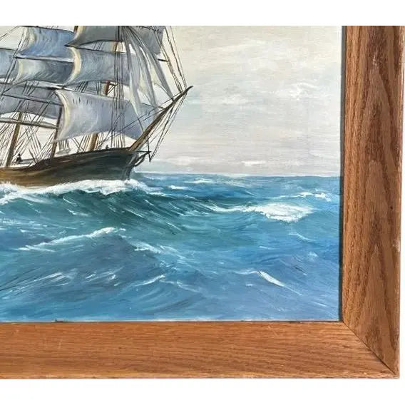 Vintage Mid Century Maritime Clipper Ship Framed Original Seascape Oil Painting