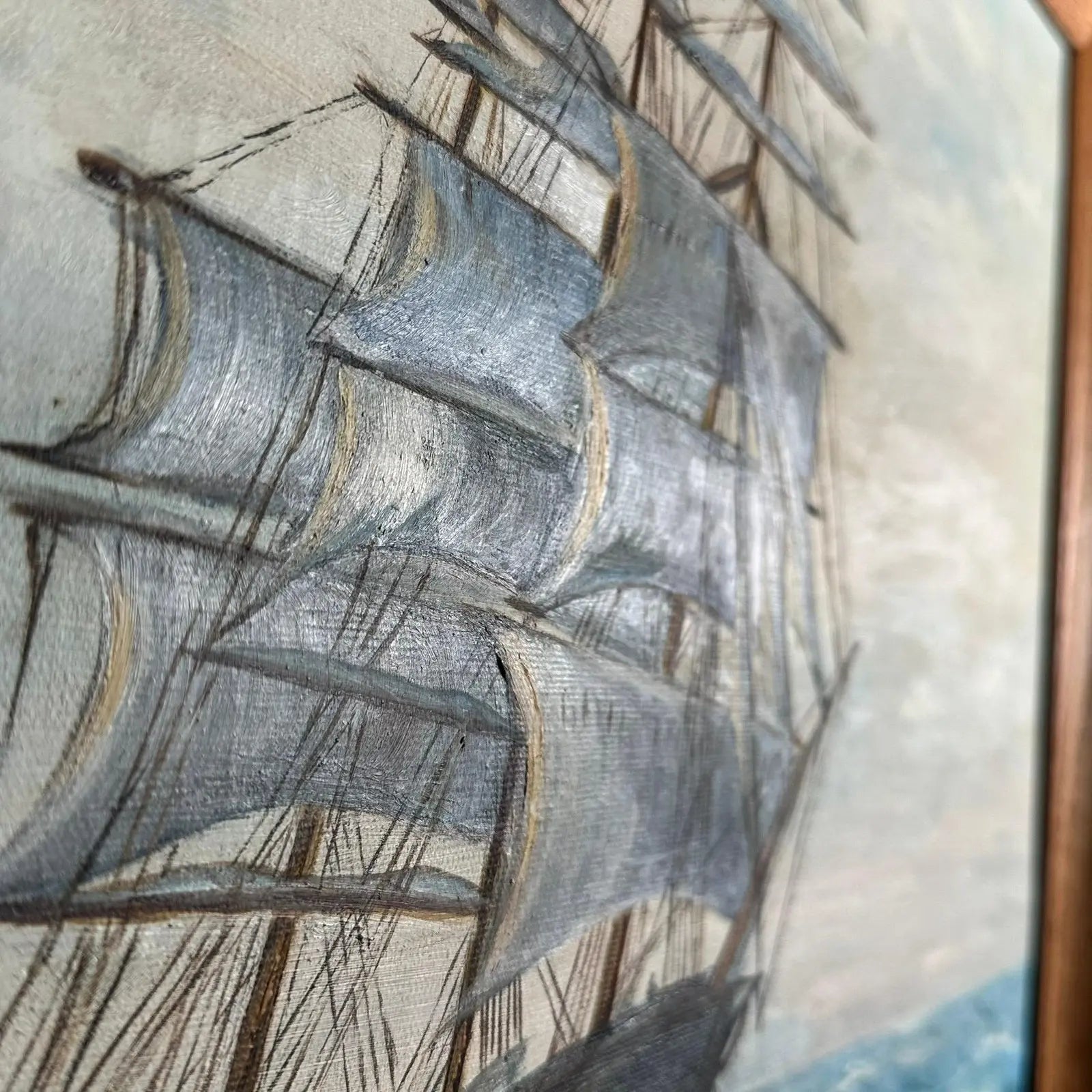 Vintage Mid Century Maritime Clipper Ship Framed Original Seascape Oil Painting