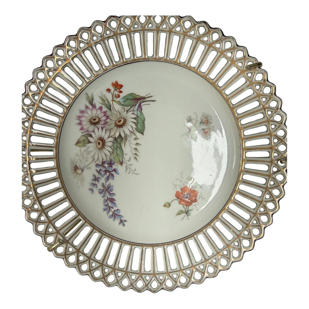 Antique Bavarian Reticulated Porcelain Floral Cabinet Plate
