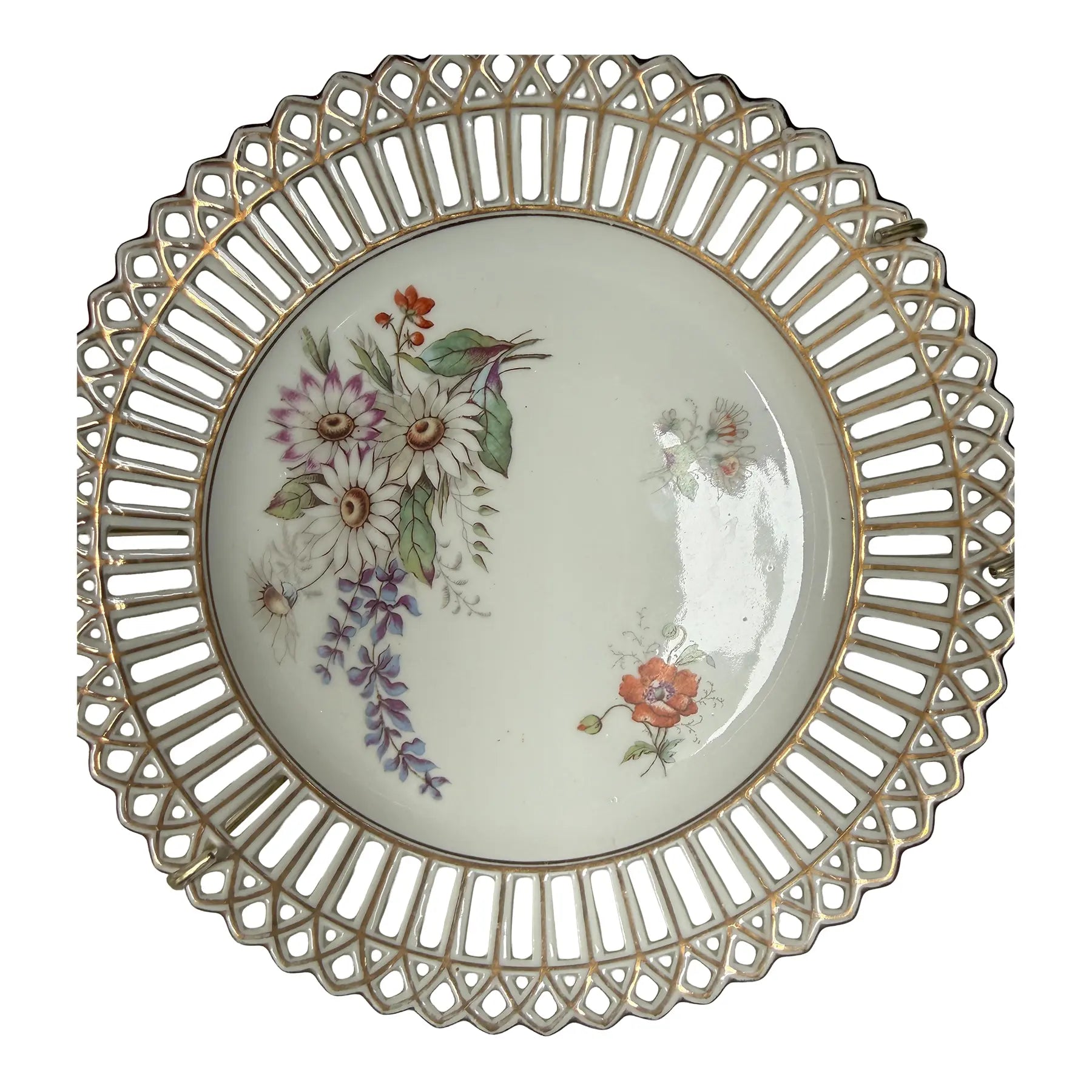 Antique Bavarian Reticulated Porcelain Floral Cabinet Plate