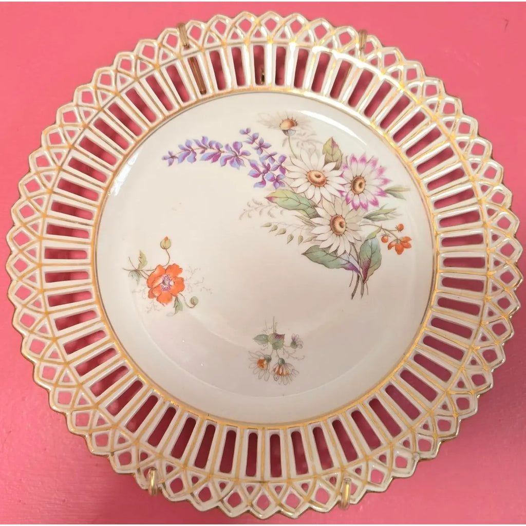 Antique Bavarian Reticulated Porcelain Floral Cabinet Plate