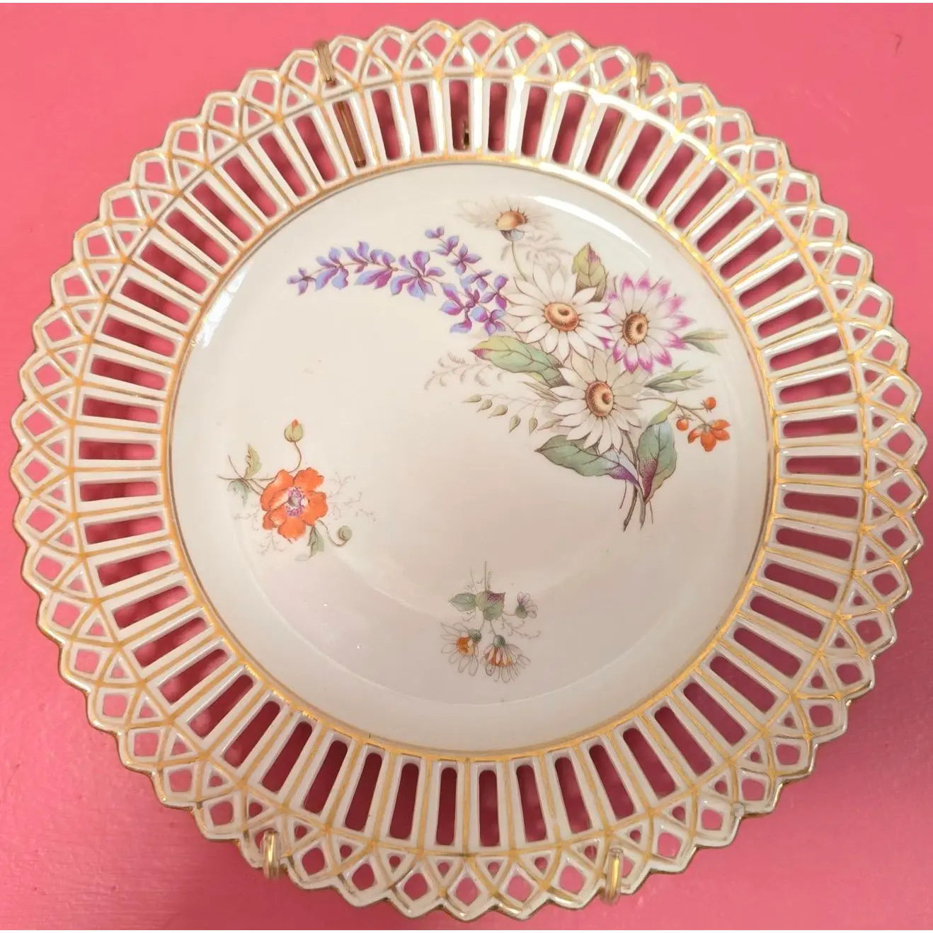 Antique Bavarian Reticulated Porcelain Floral Cabinet Plate