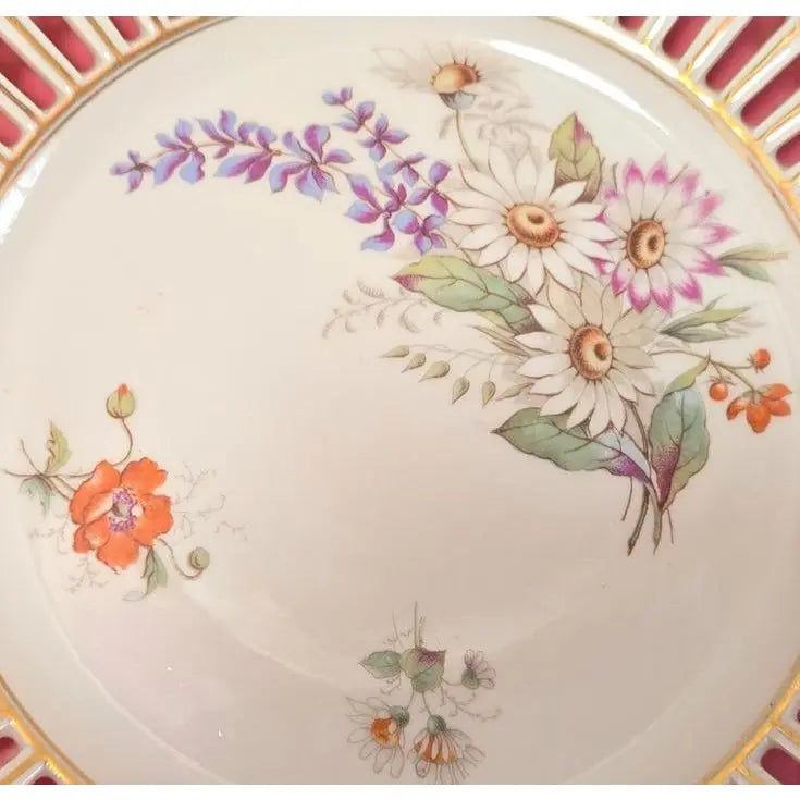 Antique Bavarian Reticulated Porcelain Floral Cabinet Plate