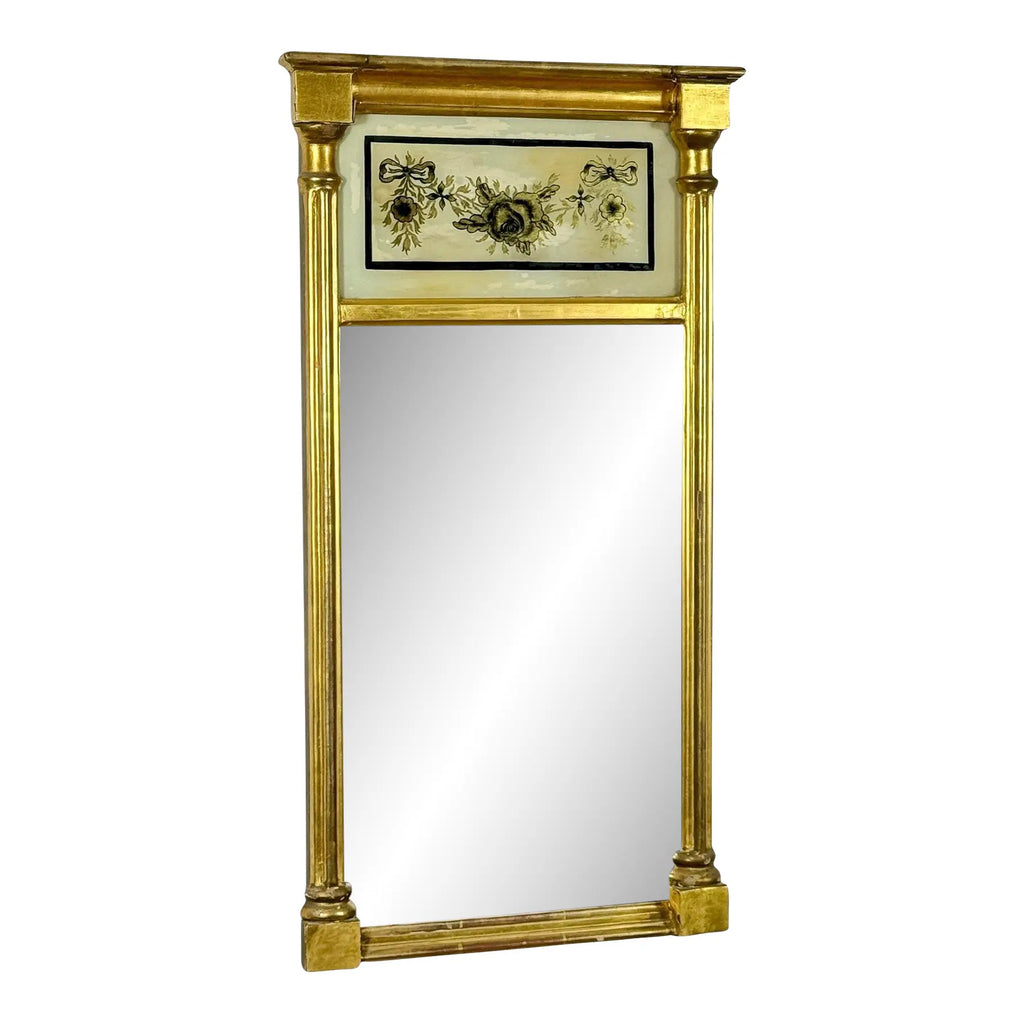 Antique 1820 American Federal Giltwood Tabernacle Mirror with Eglomise Glass