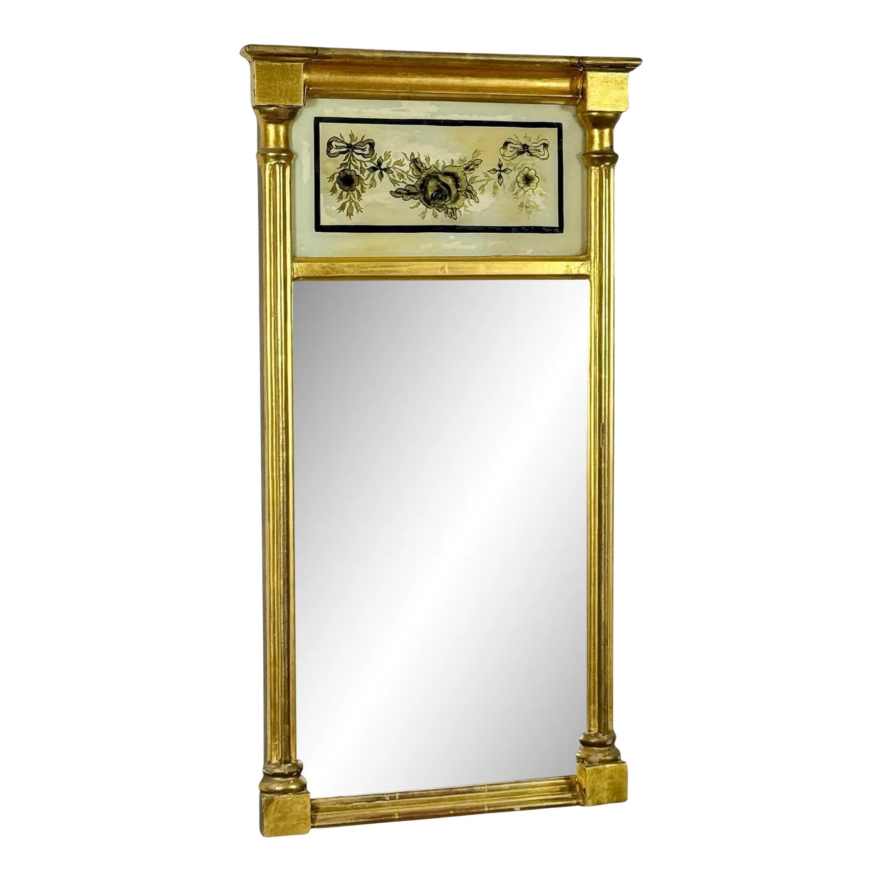 Antique 1820 American Federal Giltwood Tabernacle Mirror with Eglomise Glass