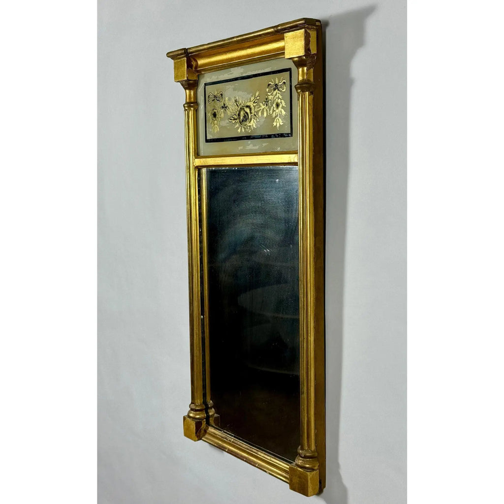 Antique 1820 American Federal Giltwood Tabernacle Mirror with Eglomise Glass