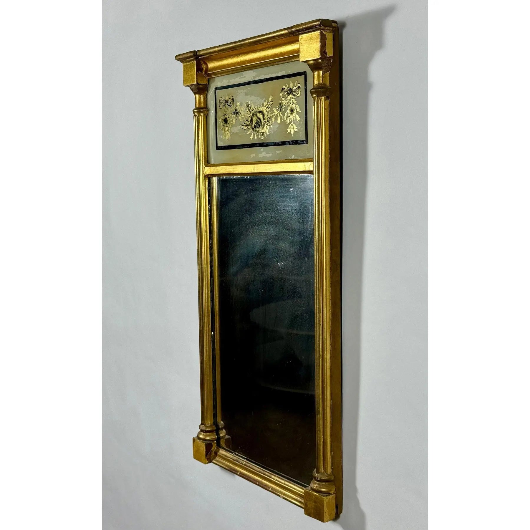 Antique 1820 American Federal Giltwood Tabernacle Mirror with Eglomise Glass