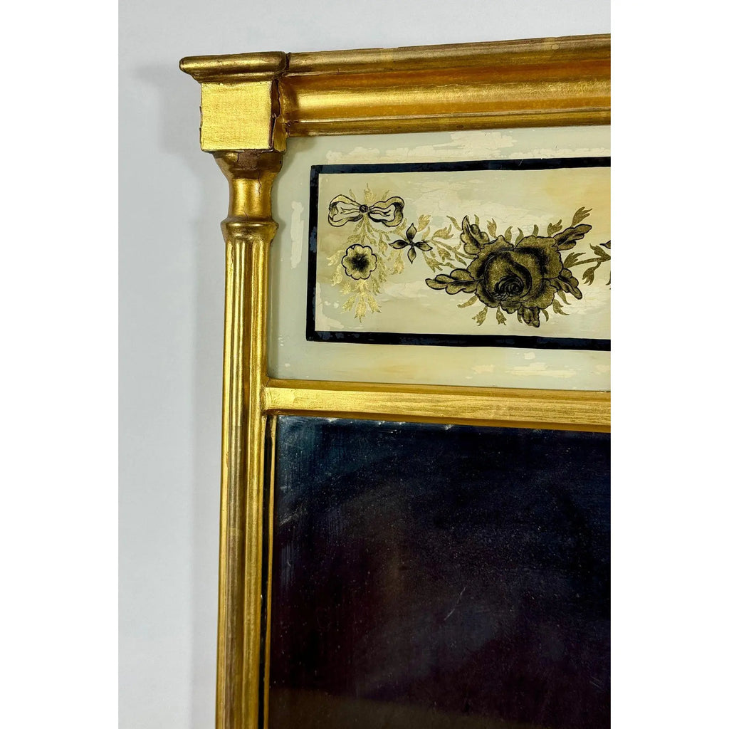 Antique 1820 American Federal Giltwood Tabernacle Mirror with Eglomise Glass