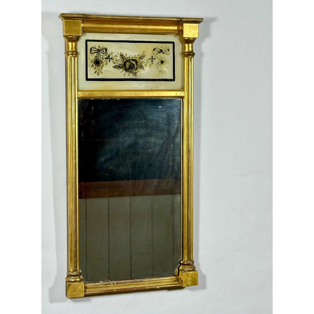 Antique 1820 American Federal Giltwood Tabernacle Mirror with Eglomise Glass