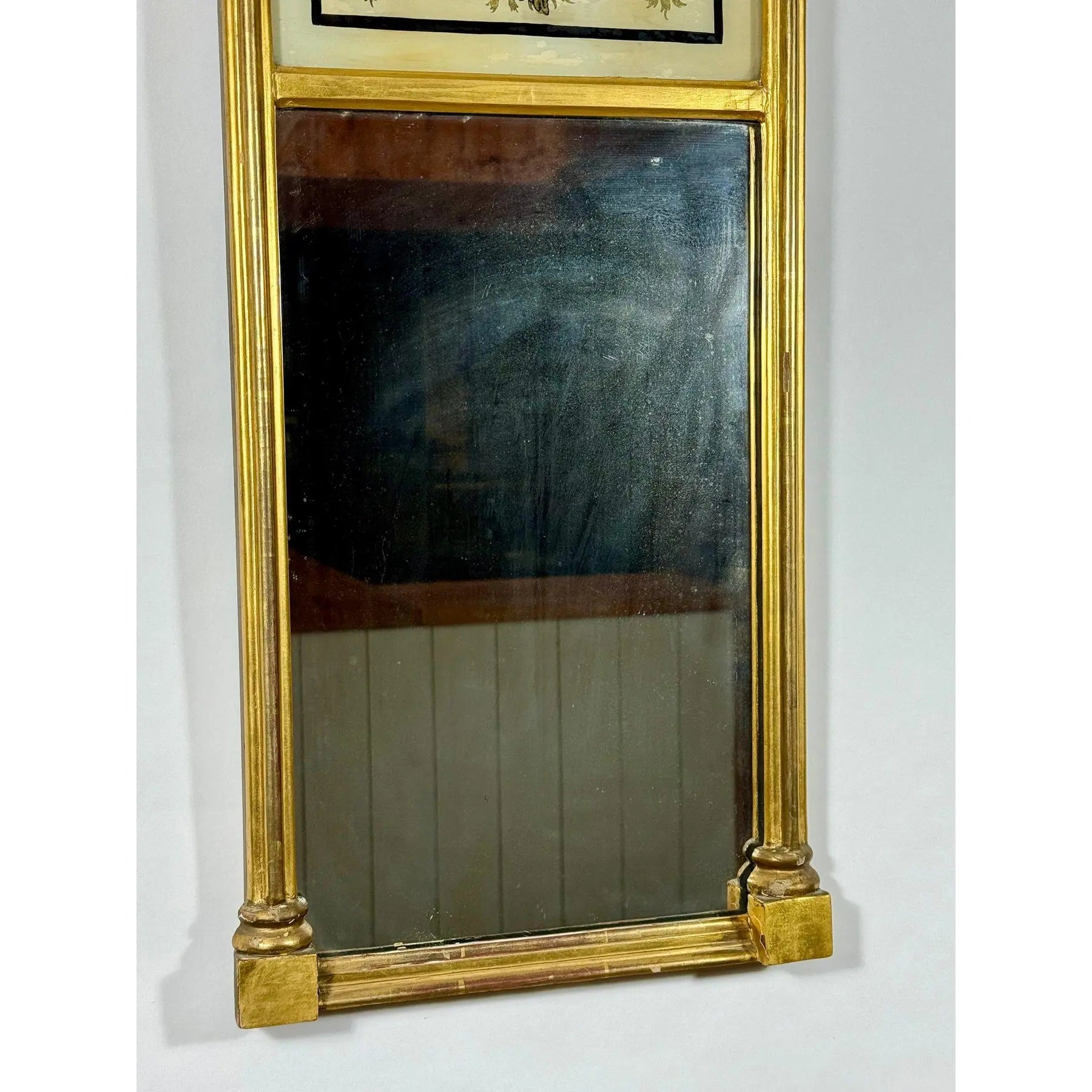 Antique 1820 American Federal Giltwood Tabernacle Mirror with Eglomise Glass