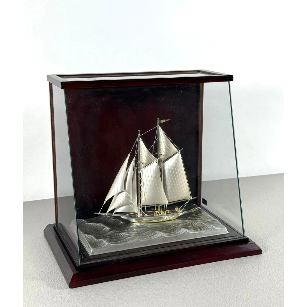Rare Seki Takehiko Signed 985 Silver Yacht Model Original Box and Case Maritime Art