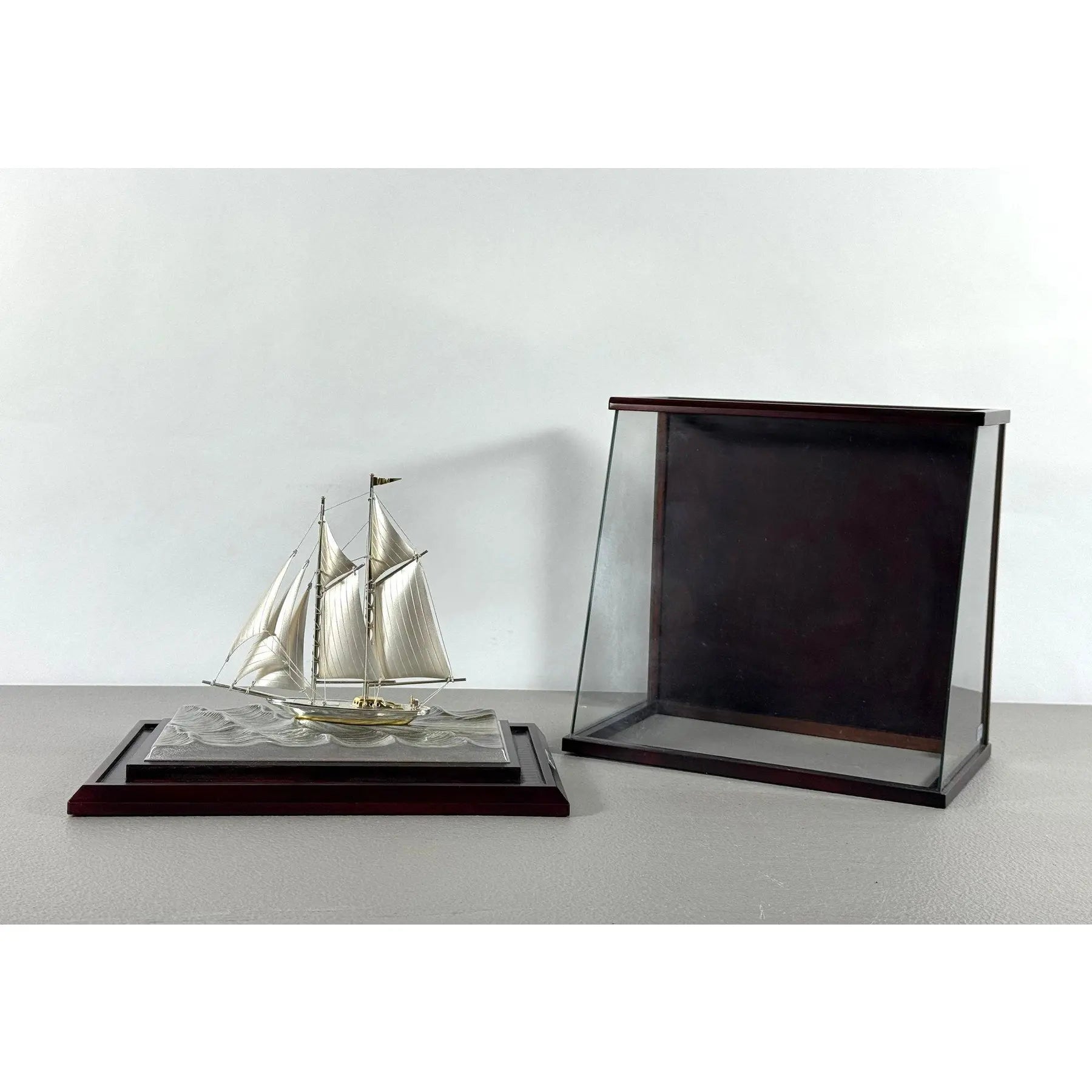 Rare Seki Takehiko Signed 985 Silver Yacht Model Original Box and Case Maritime Art