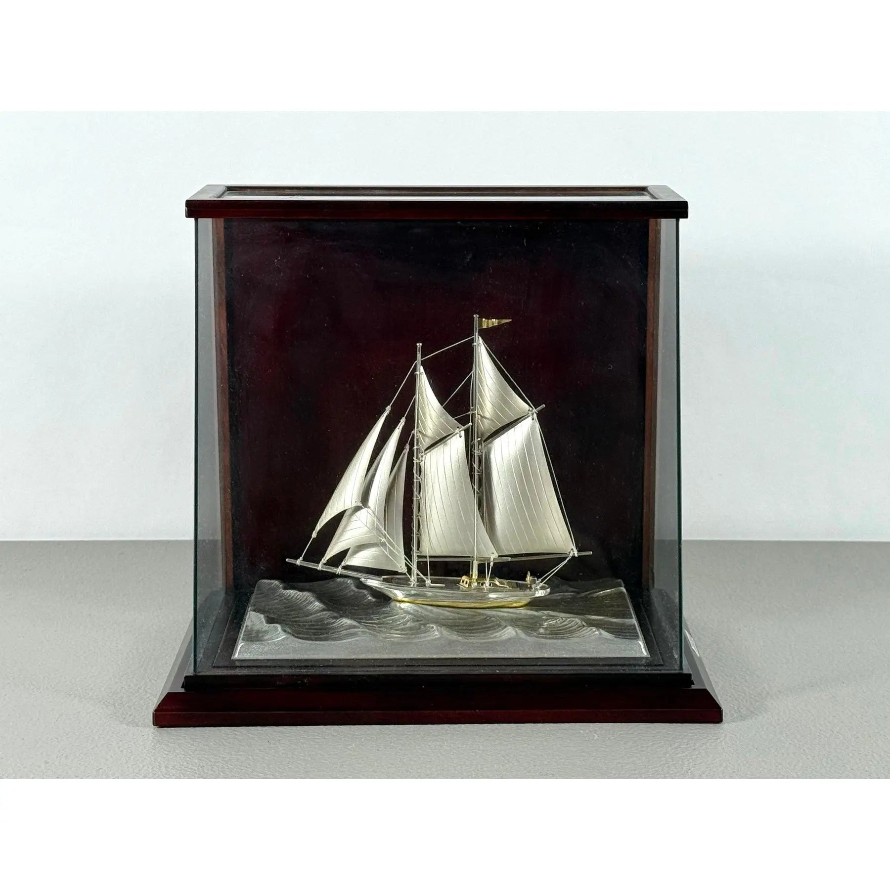 Rare Seki Takehiko Signed 985 Silver Yacht Model Original Box and Case Maritime Art