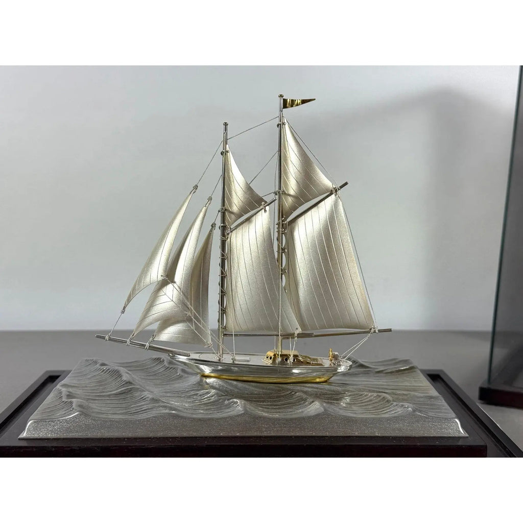 Rare Seki Takehiko Signed 985 Silver Yacht Model Original Box and Case Maritime Art