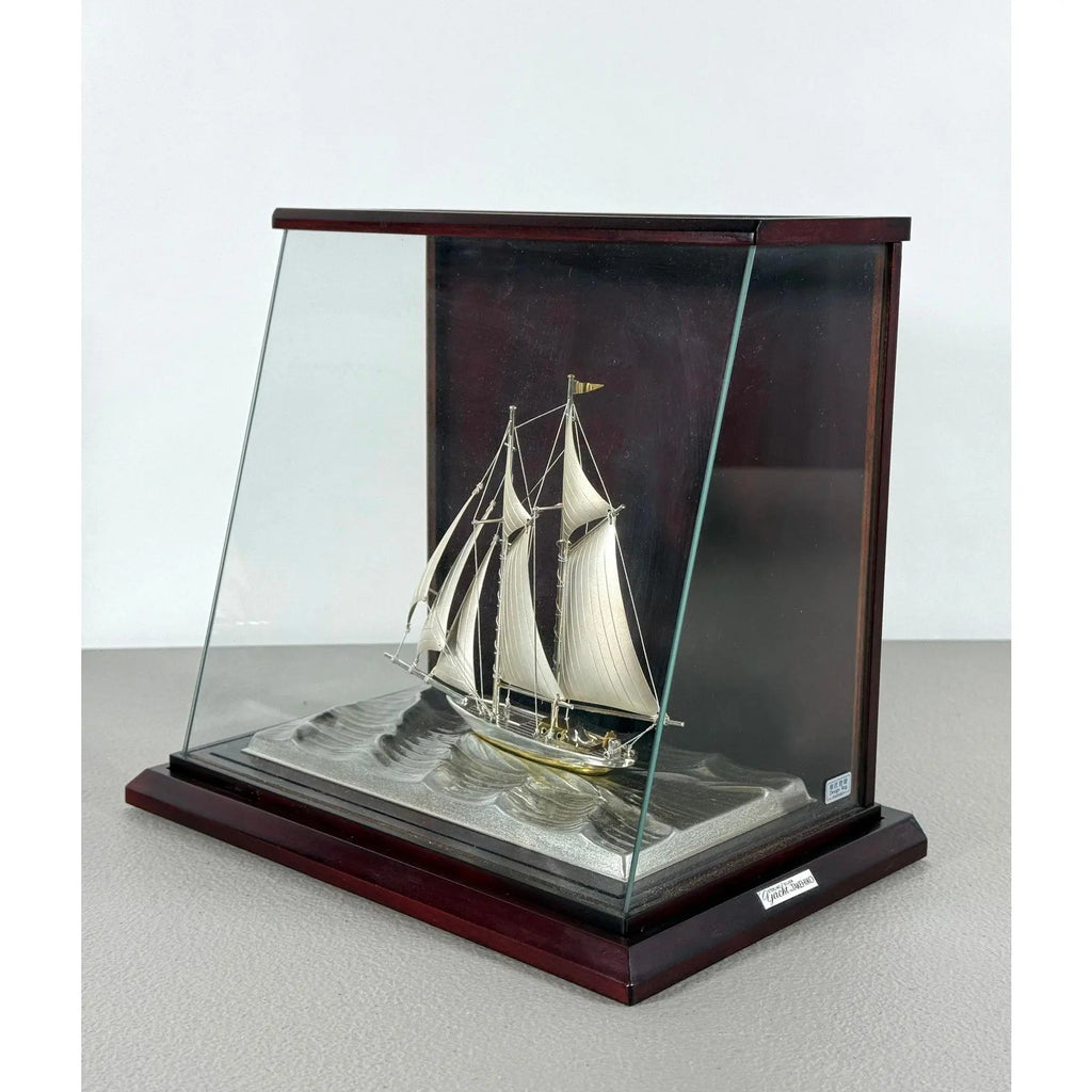 Rare Seki Takehiko Signed 985 Silver Yacht Model Original Box and Case Maritime Art