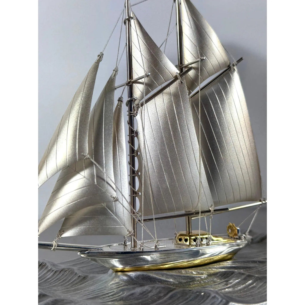 Rare Seki Takehiko Signed 985 Silver Yacht Model Original Box and Case Maritime Art