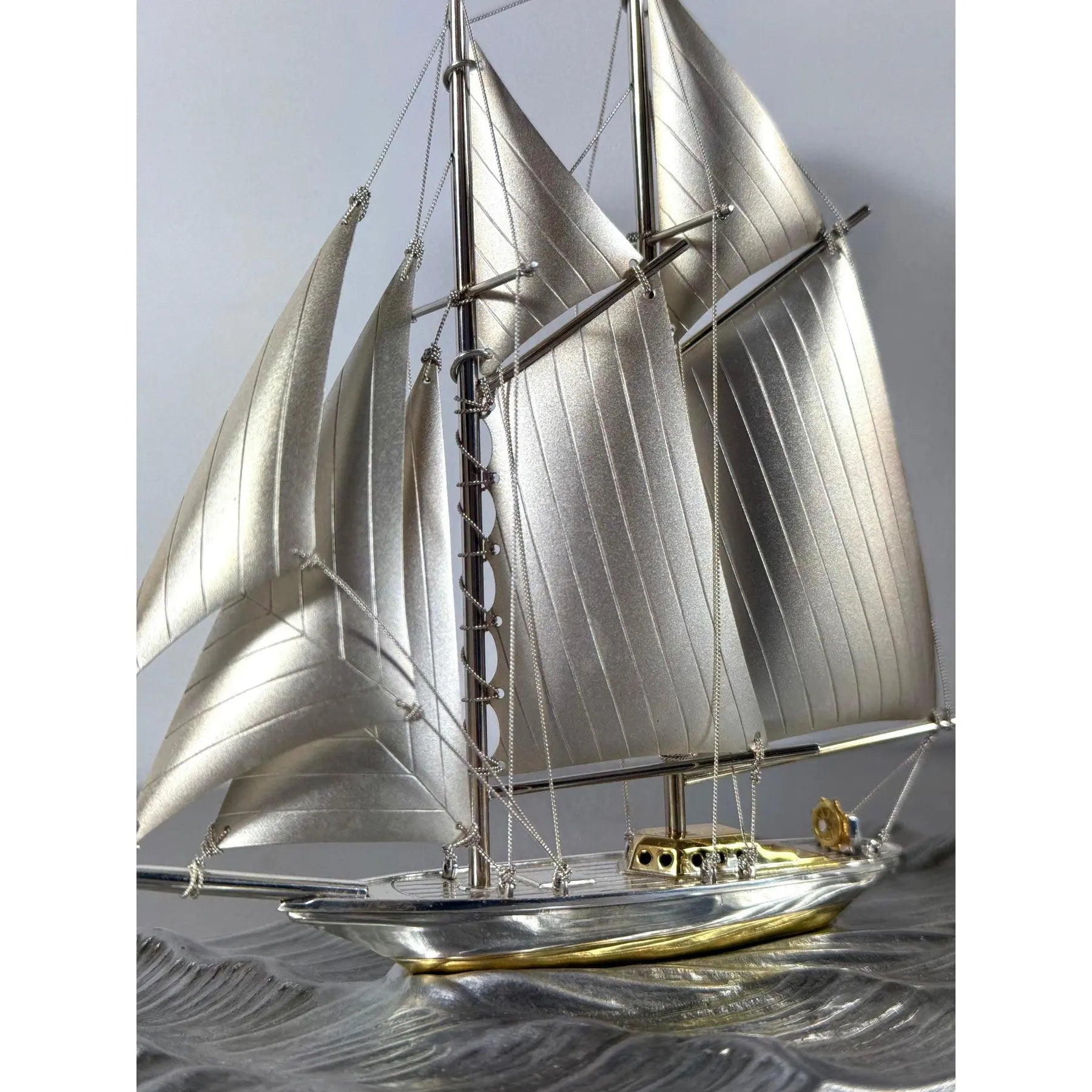 Rare Seki Takehiko Signed 985 Silver Yacht Model Original Box and Case Maritime Art