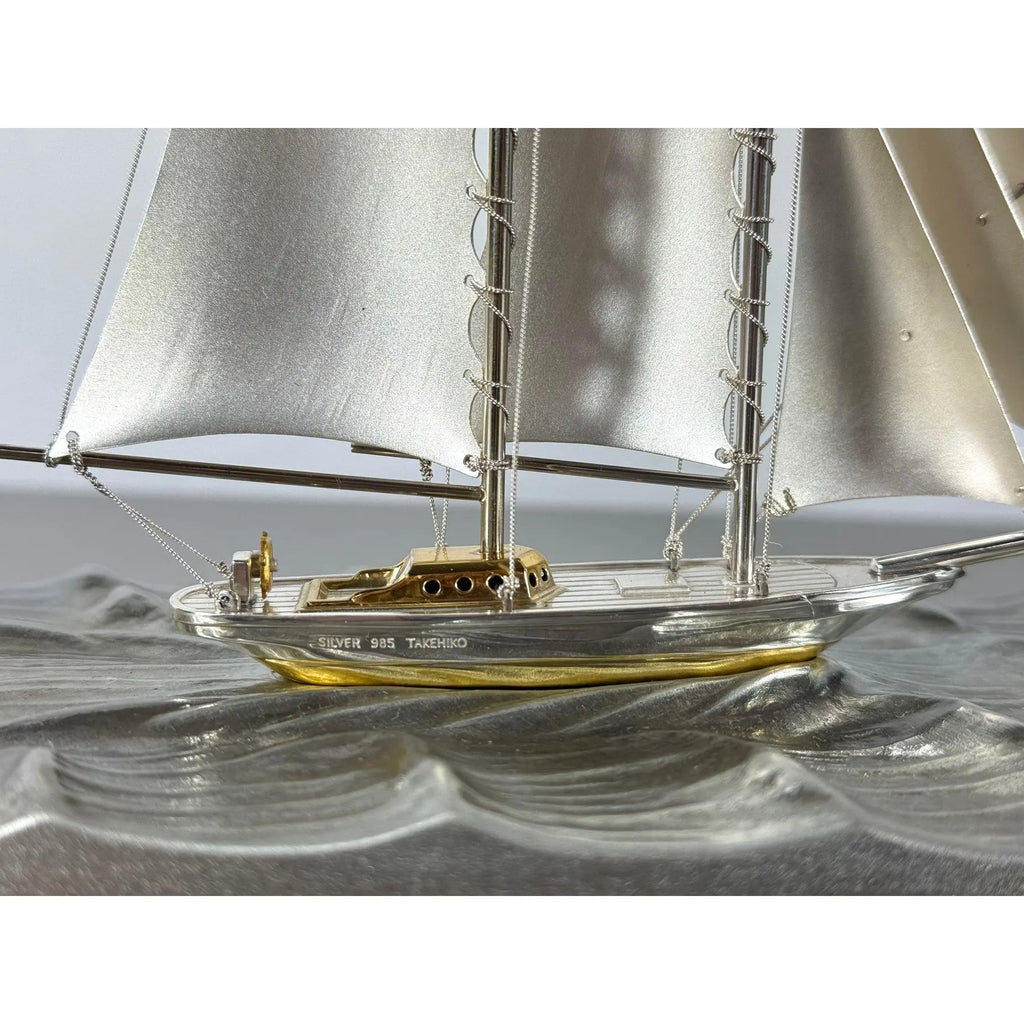 Rare Seki Takehiko Signed 985 Silver Yacht Model Original Box and Case Maritime Art