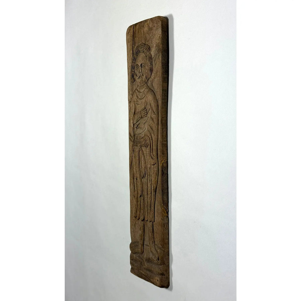 Antique Spanish Hand-Carved Oak Religious Relief Figure – Provincial Baroque Saint