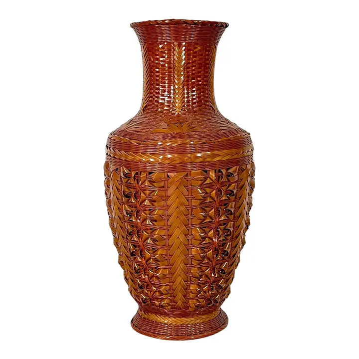 Large Vintage 14" Hand-Woven Bamboo & Porcelain Shanghai Vase