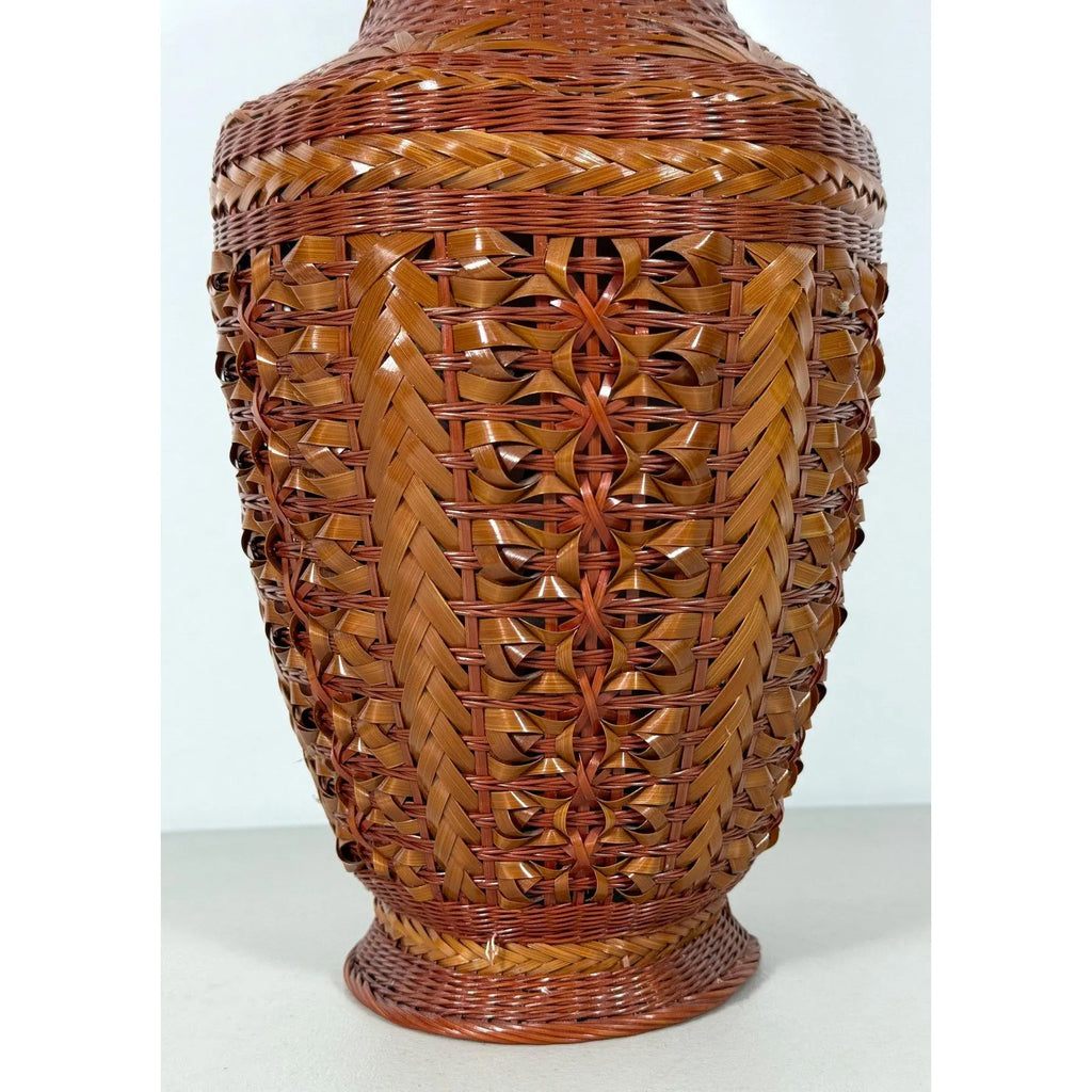 Large Vintage 14" Hand-Woven Bamboo & Porcelain Shanghai Vase