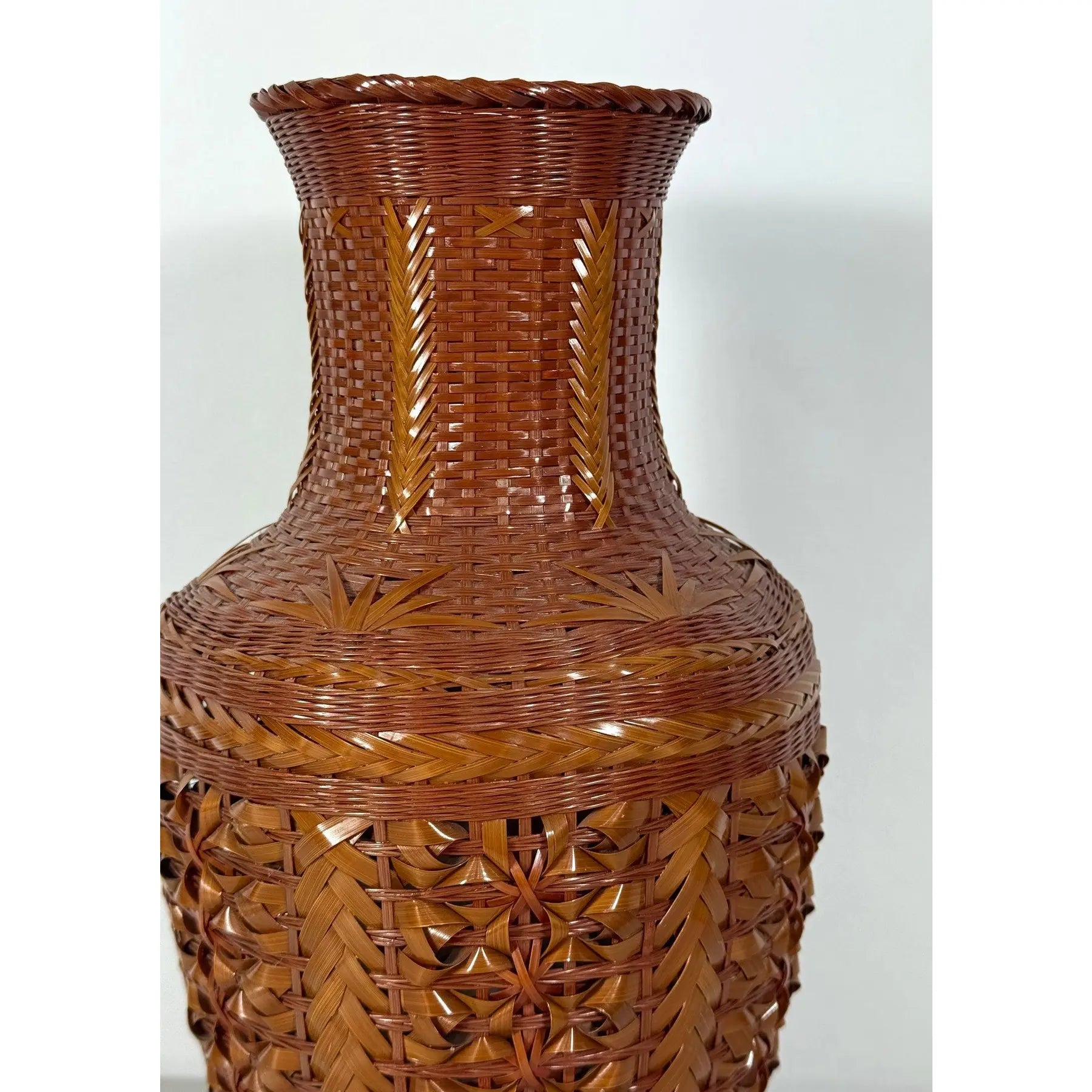 Large Vintage 14" Hand-Woven Bamboo & Porcelain Shanghai Vase