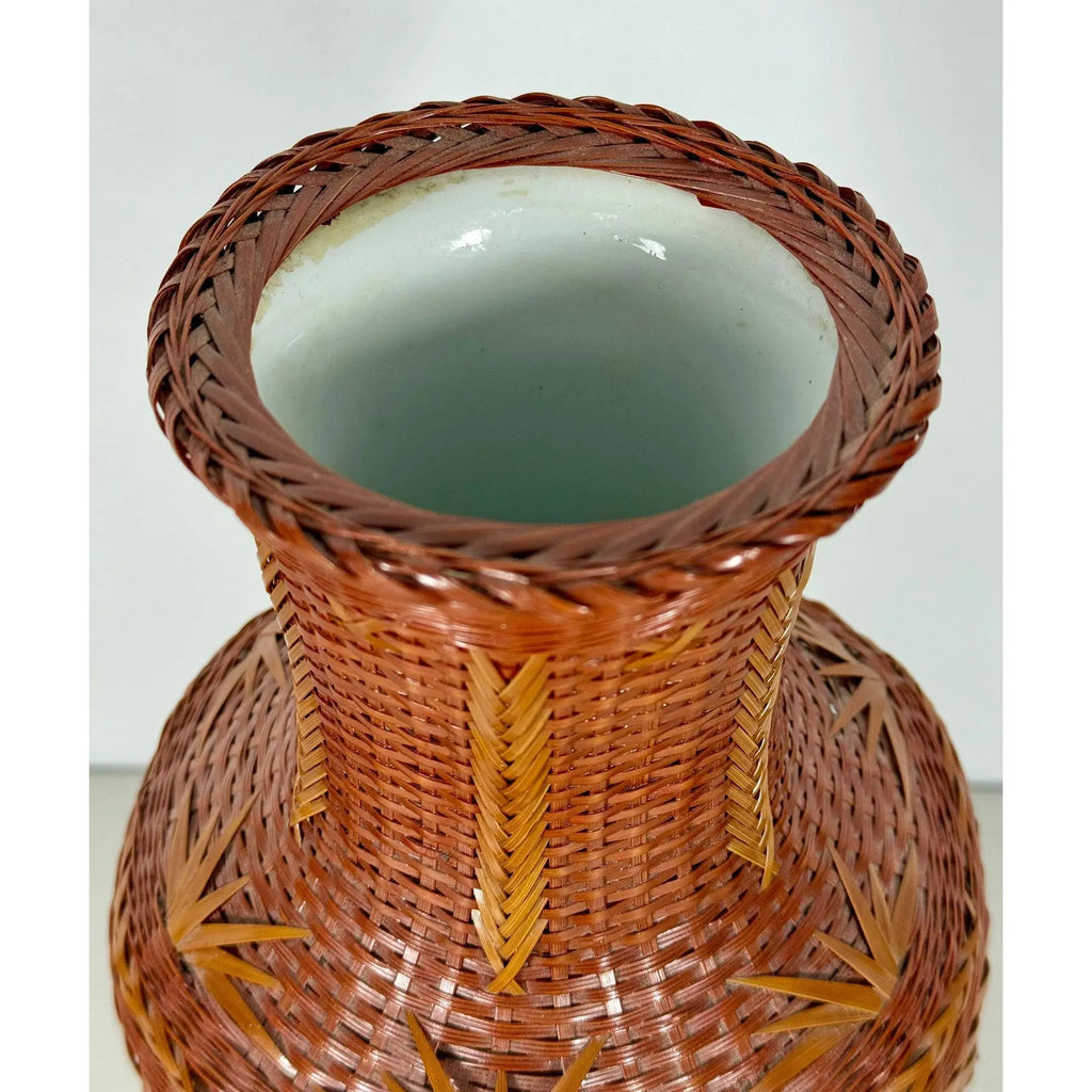Large Vintage 14" Hand-Woven Bamboo & Porcelain Shanghai Vase
