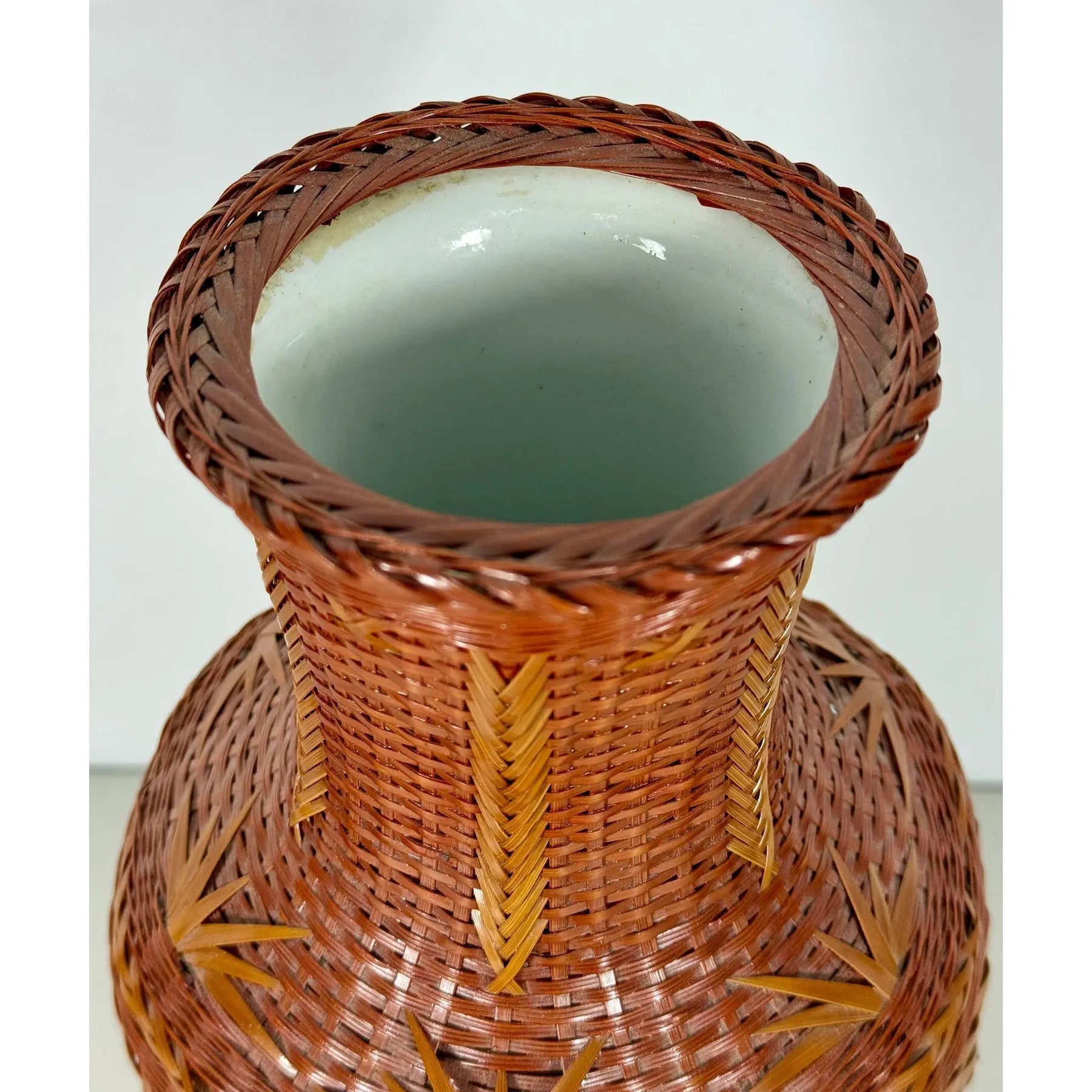 Large Vintage 14" Hand-Woven Bamboo & Porcelain Shanghai Vase