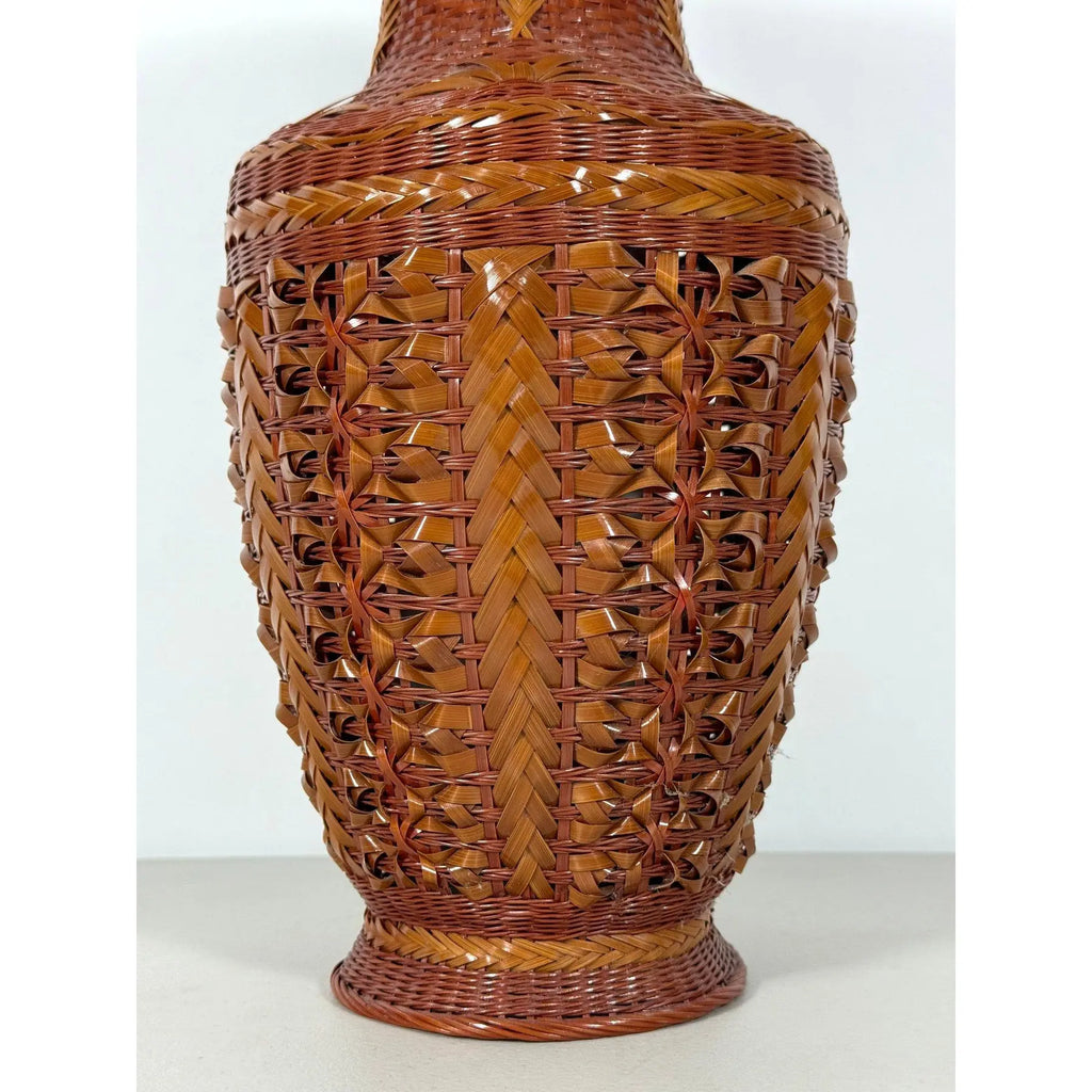 Large Vintage 14" Hand-Woven Bamboo & Porcelain Shanghai Vase
