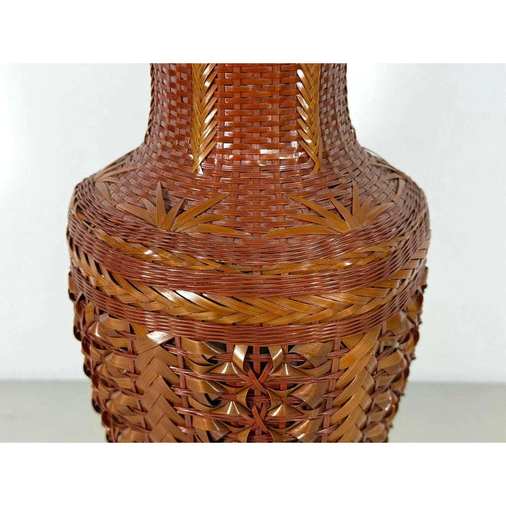 Large Vintage 14" Hand-Woven Bamboo & Porcelain Shanghai Vase