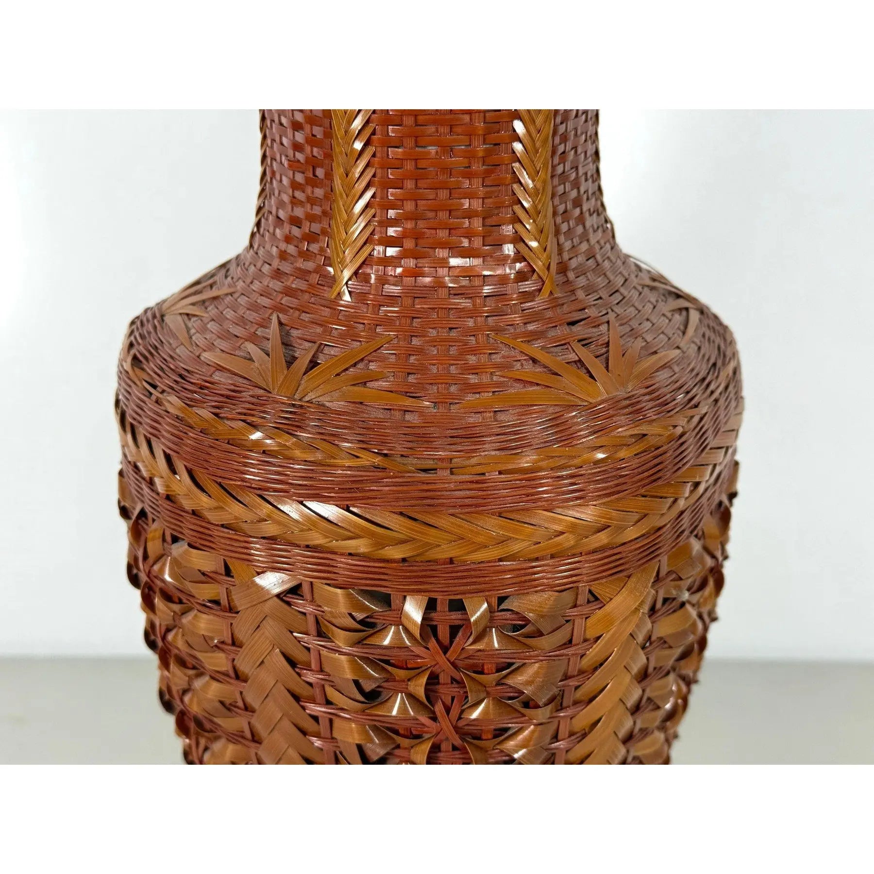 Large Vintage 14" Hand-Woven Bamboo & Porcelain Shanghai Vase