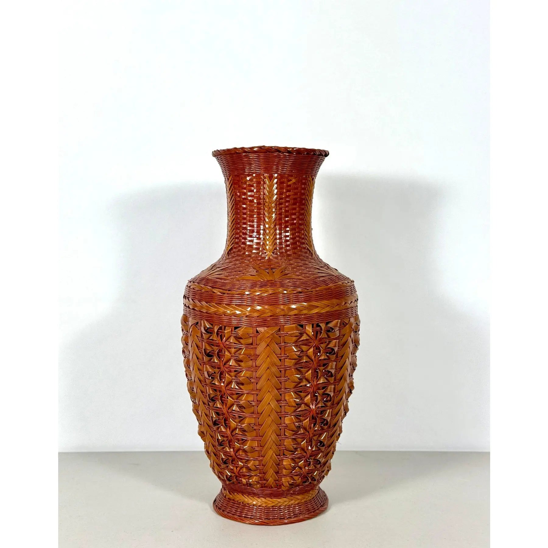 Large Vintage 14" Hand-Woven Bamboo & Porcelain Shanghai Vase