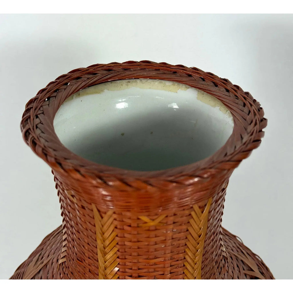 Large Vintage 14" Hand-Woven Bamboo & Porcelain Shanghai Vase