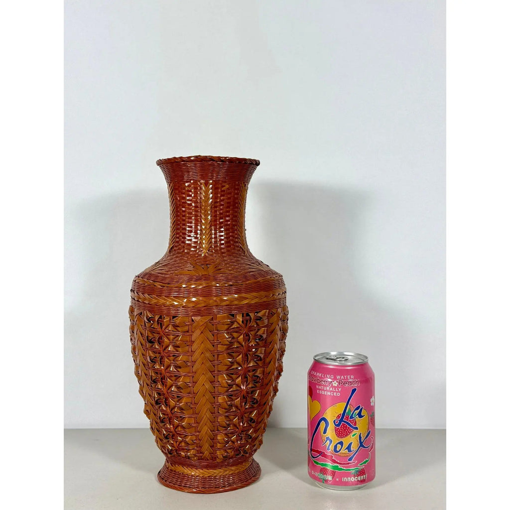 Large Vintage 14" Hand-Woven Bamboo & Porcelain Shanghai Vase