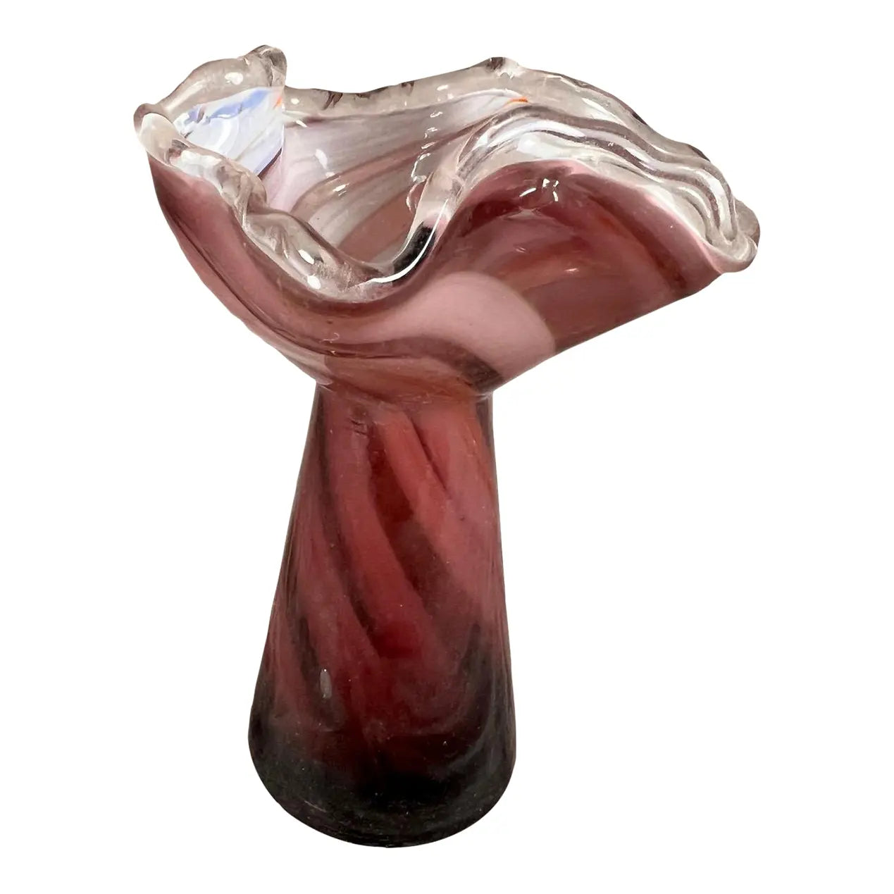 Vintage 1960s Japanese Amethyst & White Swirled "Swung" Art Glass Vase