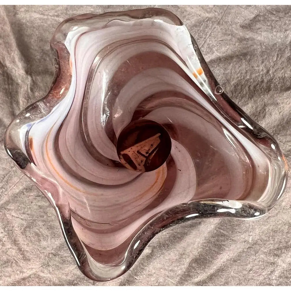 Vintage 1960s Japanese Amethyst & White Swirled "Swung" Art Glass Vase