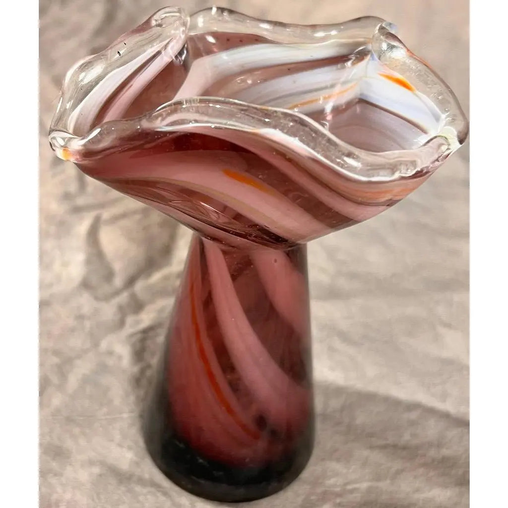 Vintage 1960s Japanese Amethyst & White Swirled "Swung" Art Glass Vase