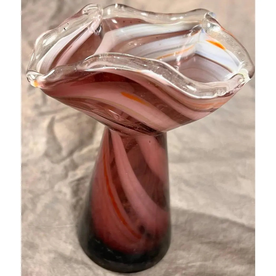 Vintage 1960s Japanese Amethyst & White Swirled "Swung" Art Glass Vase