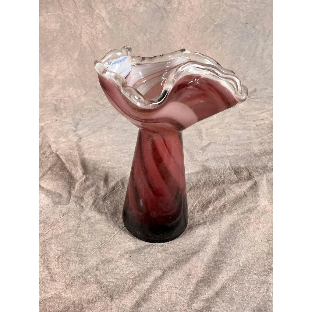 Vintage 1960s Japanese Amethyst & White Swirled "Swung" Art Glass Vase