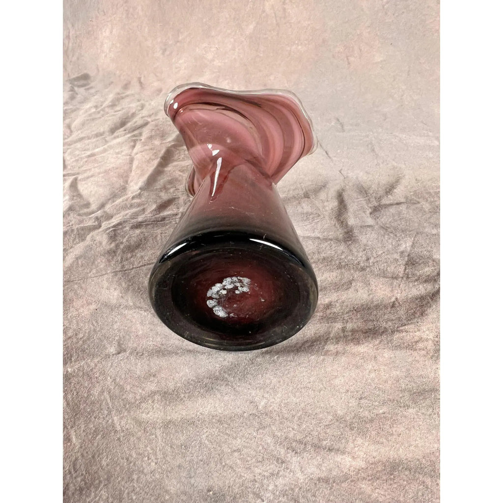 Vintage 1960s Japanese Amethyst & White Swirled "Swung" Art Glass Vase