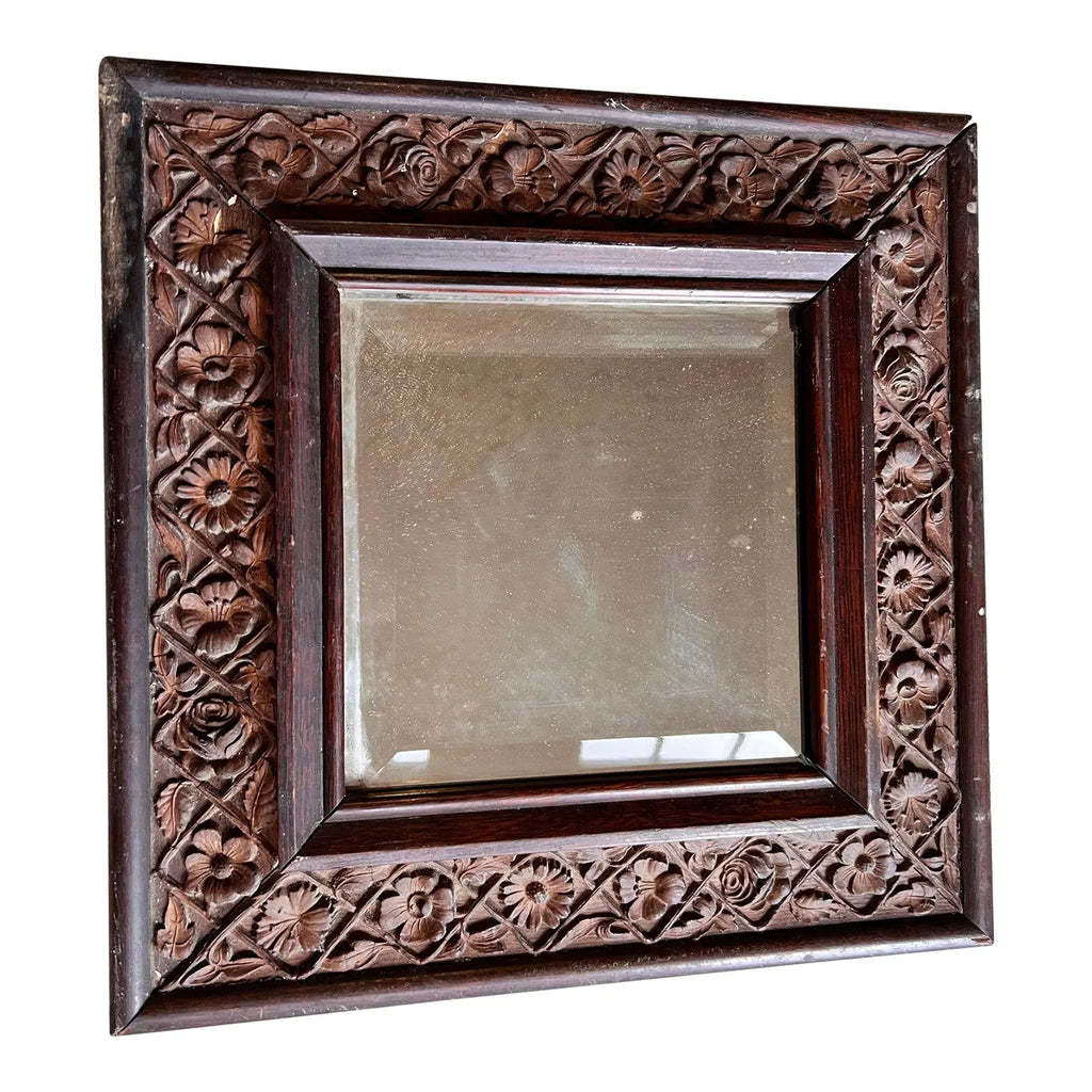Antique Victorian Hand-Carved Oak Beveled Mirror - With Original Provenance