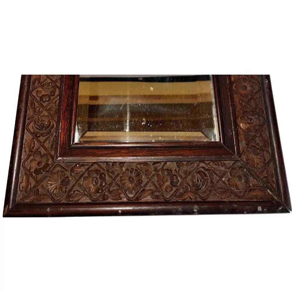 Antique Victorian Hand-Carved Oak Beveled Mirror - With Original Provenance