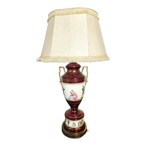 Vintage Fragonard-Style Porcelain Urn Lamp in Burgundy & Gold Gilt