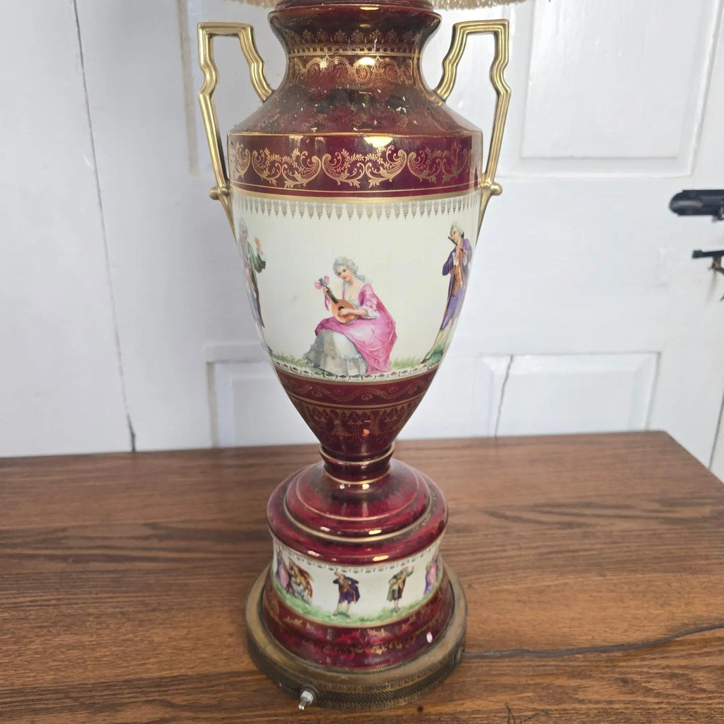 Vintage Fragonard-Style Porcelain Urn Lamp in Burgundy & Gold Gilt