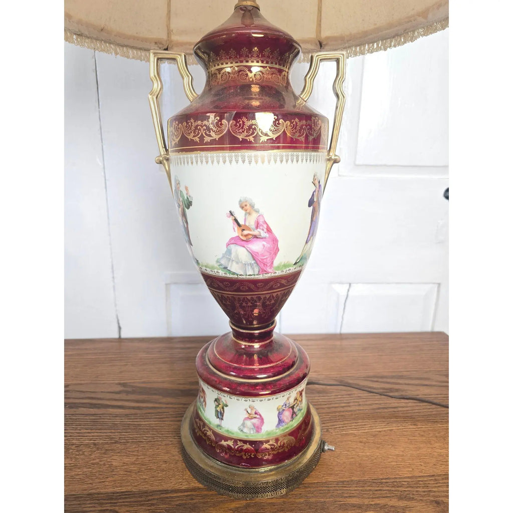 Vintage Fragonard-Style Porcelain Urn Lamp in Burgundy & Gold Gilt