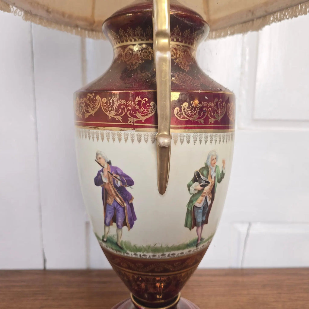 Vintage Fragonard-Style Porcelain Urn Lamp in Burgundy & Gold Gilt