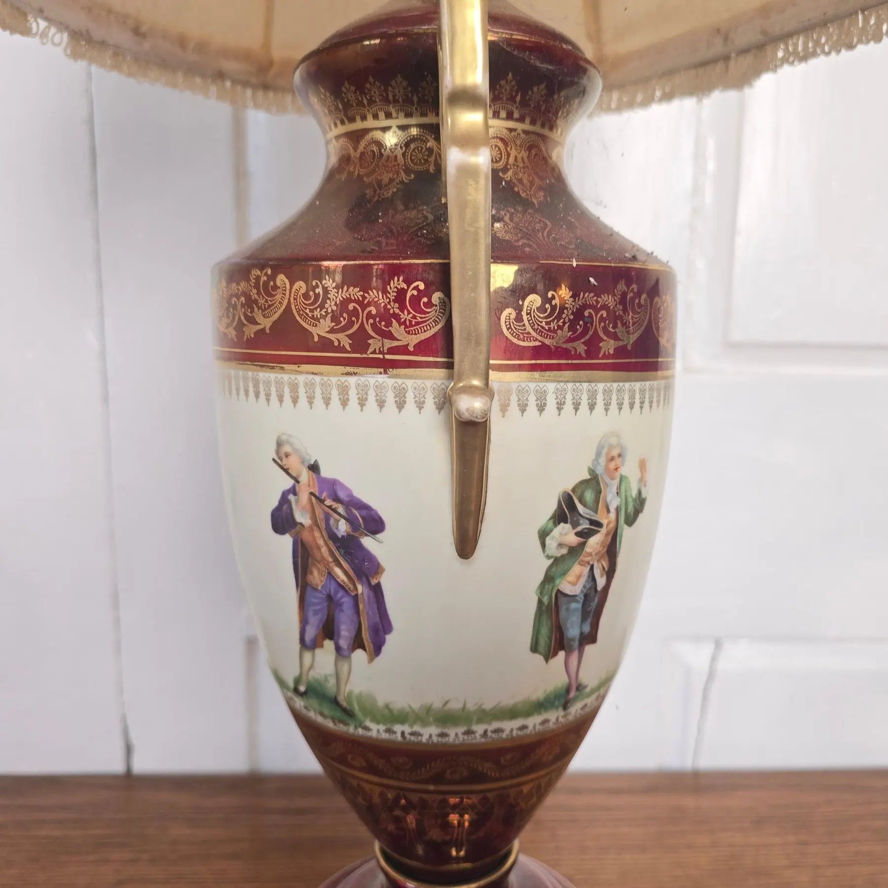 Vintage Fragonard-Style Porcelain Urn Lamp in Burgundy & Gold Gilt